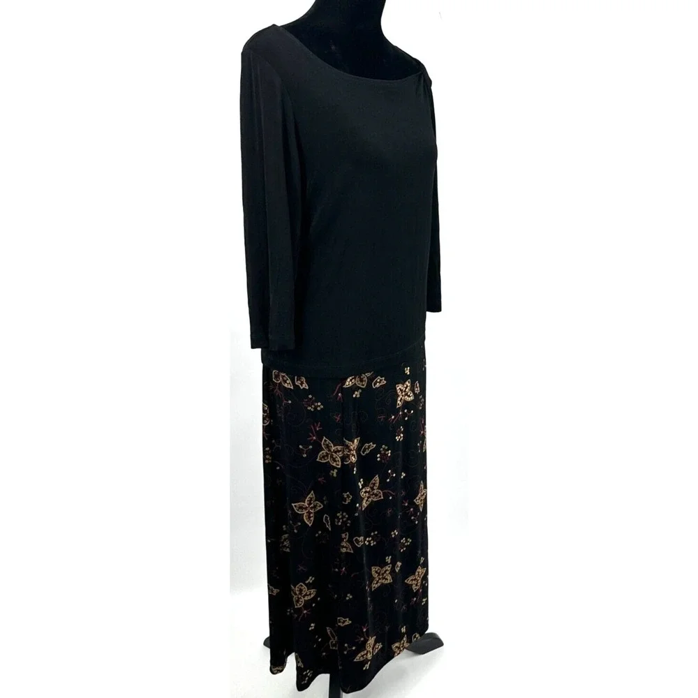 Christopher & Banks Womens Top Skirt Set Large Black Metallic Floral Travel Knit_4